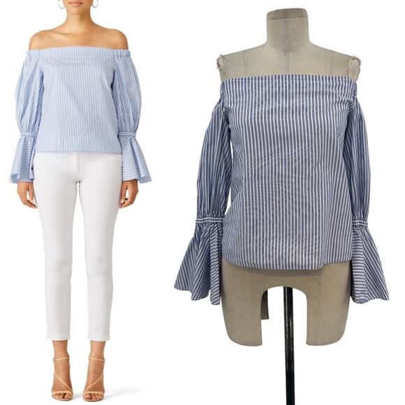 Alexis Juniper Top Blouse Shirt Off the Shoulder Bell Sleeve Stripe Blue Size XS - Picture 1 of 9